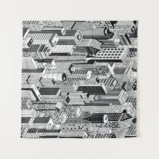 Skyscraper stad illustratie, isometrische naadloze wandkleed (Voorkant (horizontaal))