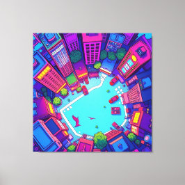 Skyview City – Neon Pop Art Urban Landscape Canvas Afdruk