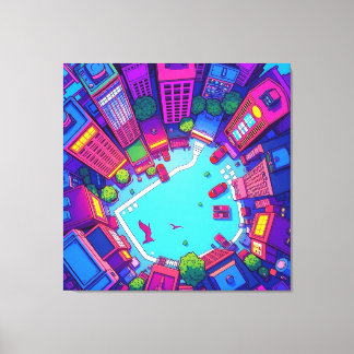Skyview City – Neon Pop Art Urban Landscape Canvas Afdruk