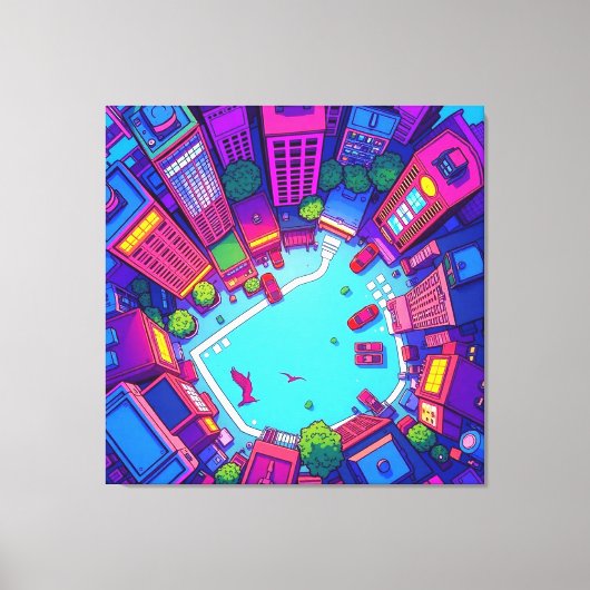 Skyview City – Neon Pop Art Urban Landscape Canvas Afdruk (Voorkant)