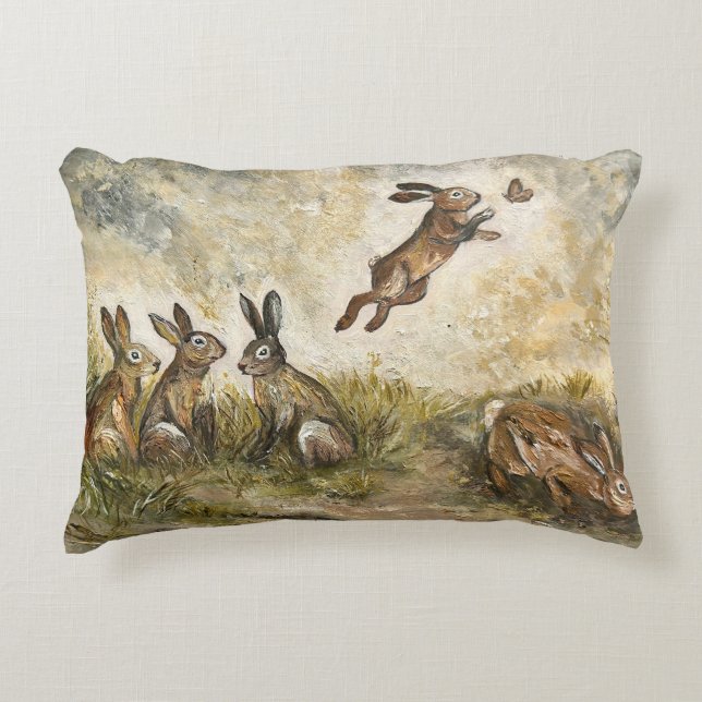 Skyward Fluff Meadow Hare Whimsical Rabbit Family  Accent Kussen (Voorkant)