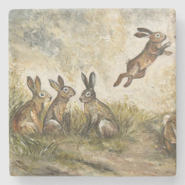 Skyward Fluff Meadow Hare Whimsical Rabbit Family  Stenen Onderzetter