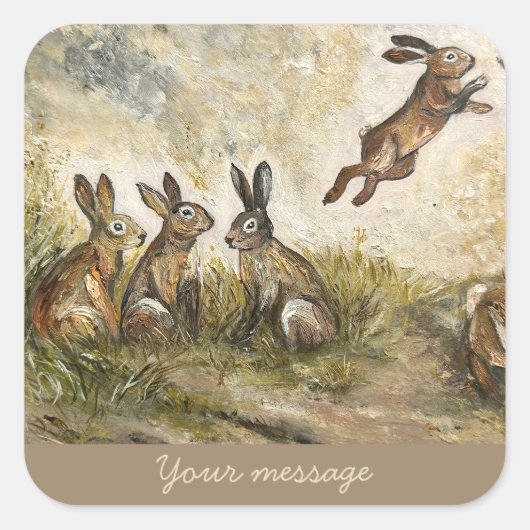 Skyward Fluff Meadow Hare Whimsical Rabbit Family Vierkante Sticker (Voorkant)