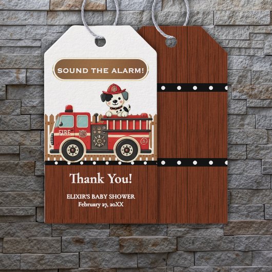 Sla alarm! Modern Firetruck Baby shower Cadeaulabel