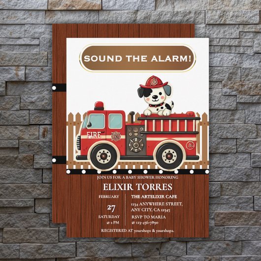 Sla alarm! Modern Firetruck Baby shower Kaart
