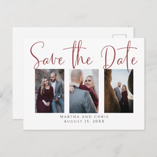 Sla datum 3 Foto Roos Gold Modern Script op Aankondigingskaart (Voorkant / Achterkant)