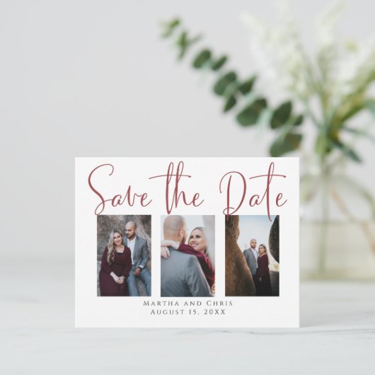 Sla datum 3 Foto Roos Gold Modern Script op Aankondigingskaart (Staand voorkant)