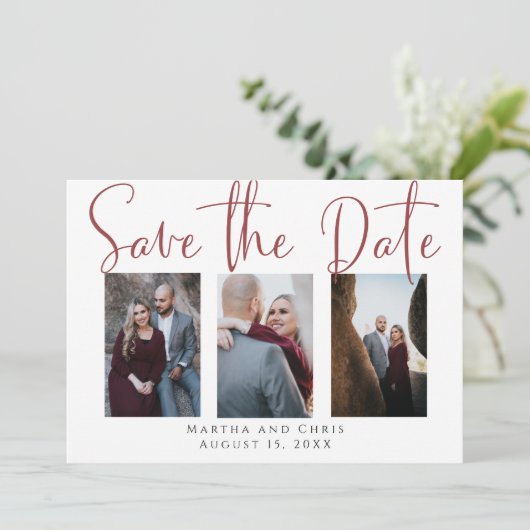 Sla datum 3 Foto Roos Gold Modern Script op Save The Date (Staand voorkant)