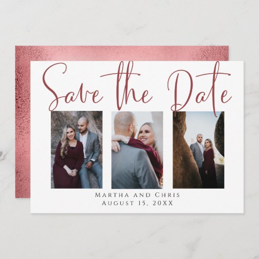 Sla datum 3 Foto Roos Gold Modern Script op Save The Date (Voorkant / Achterkant)