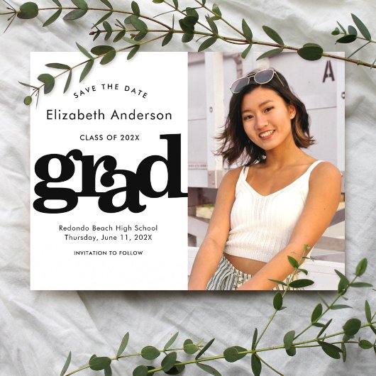 Sla datum afstuderen foto-typografie zwart wit op uitnodiging briefkaart