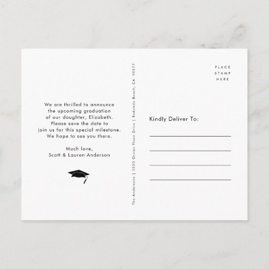 Sla datum afstuderen foto-typografie zwart wit op uitnodiging briefkaart (Achterkant)