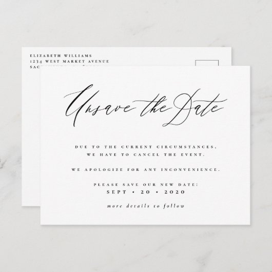 Sla datum nog niet op Script nieuwe datum aankondi Uitnodiging Briefkaart (Voorkant / Achterkant)