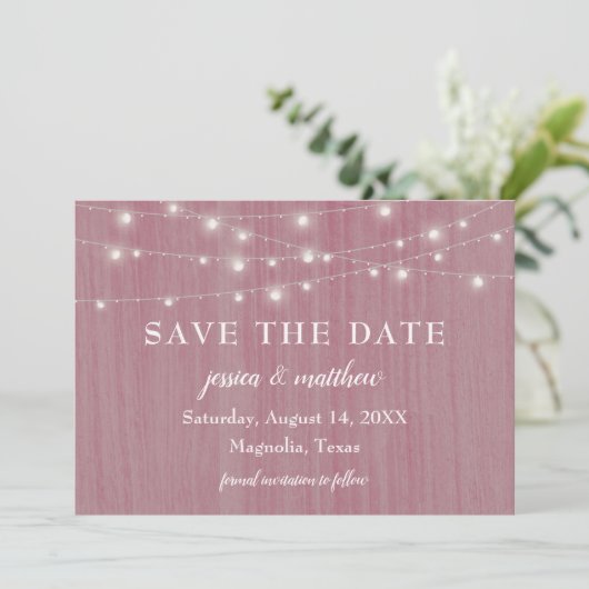 Sla datum op Rustieke boerderij Twinkelende lichte Save The Date (Staand voorkant)