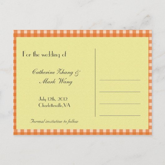 Sla de bruiloft met de naam van het datumland op aankondigingskaart (Achterkant)