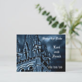 Sla de Date fantasy blauwe kasteel postkaart op Aankondigingskaart (Staand voorkant)