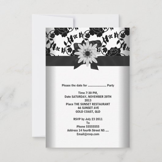 Sla de Date Party Black White Flower Diamond op Save The Date (Achterkant)
