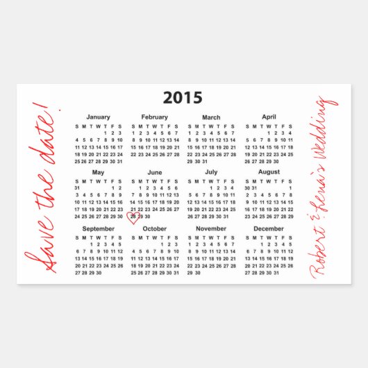 Sla de datum 2015 Kalender Gepersonaliseerde Stick Rechthoekige Sticker (Voorkant)