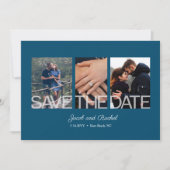 Sla de datum 3-foto Blue Wedding Verloving Save The Date (Voorkant)