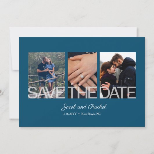 Sla de datum 3-foto Blue Wedding Verloving Save The Date (Voorkant)