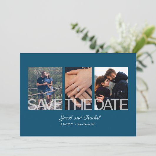 Sla de datum 3-foto Blue Wedding Verloving Save The Date (Staand voorkant)