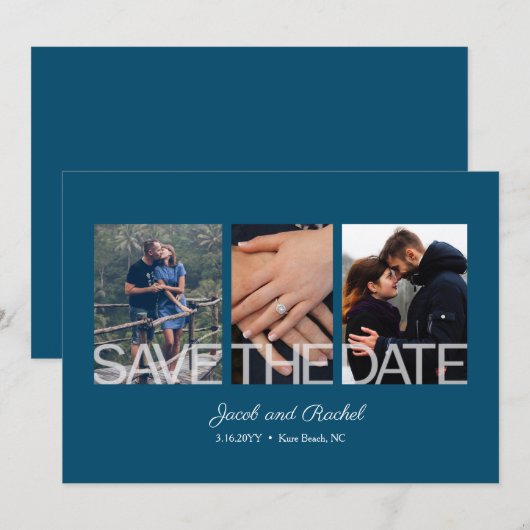 Sla de datum 3-foto Blue Wedding Verloving Save The Date (Voorkant / Achterkant)