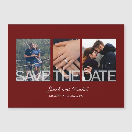 Sla de datum 3-foto collage rode bordeaux magneet (Voorkant)
