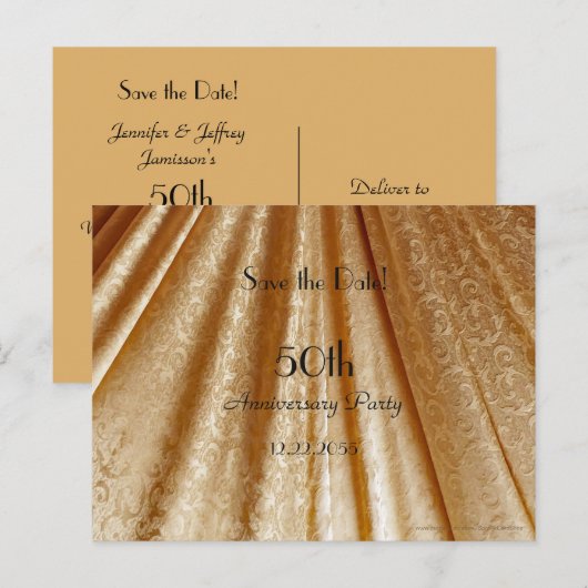Sla de datum 50e Jubileum Floral Gold Fabric op Aankondigingskaart (Voorkant / Achterkant)