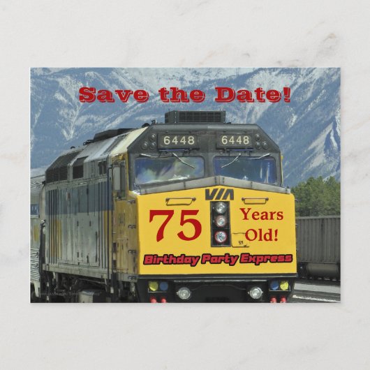 Sla de datum 75e verjaardag Party Briefkaart Train (Voorkant)