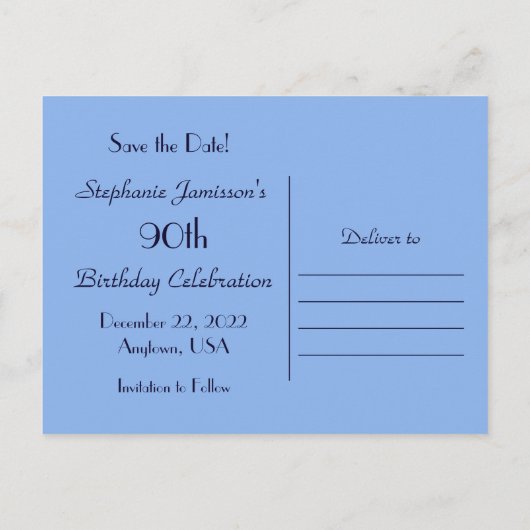 Sla de datum 90ste verjaardagsfeestje op, Blauw Ab Aankondigingskaart (Achterkant)