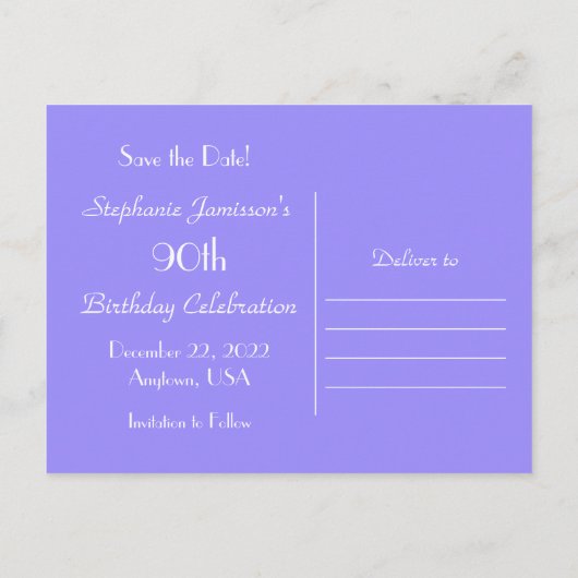 Sla de datum 90ste verjaardagsfeestje op, Paarse A Aankondigingskaart (Achterkant)