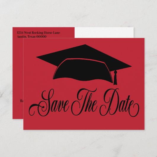 Sla de datum Afstuderen -Simple Red Black Aankondigingskaart (Voorkant / Achterkant)