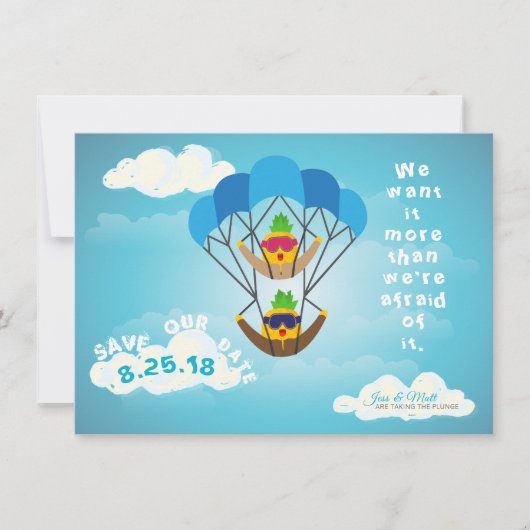 Sla de datum ananas-personages parachutespringen o save the date (Voorkant)