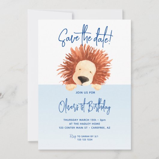 Sla de datum Baby Lion 1e Verjaardag op Save The Date (Voorkant)