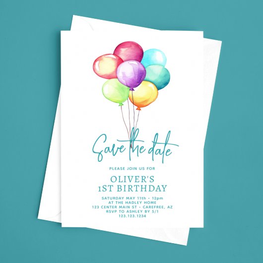 Sla de datum ballonnen jongens 1e verjaardag save the date