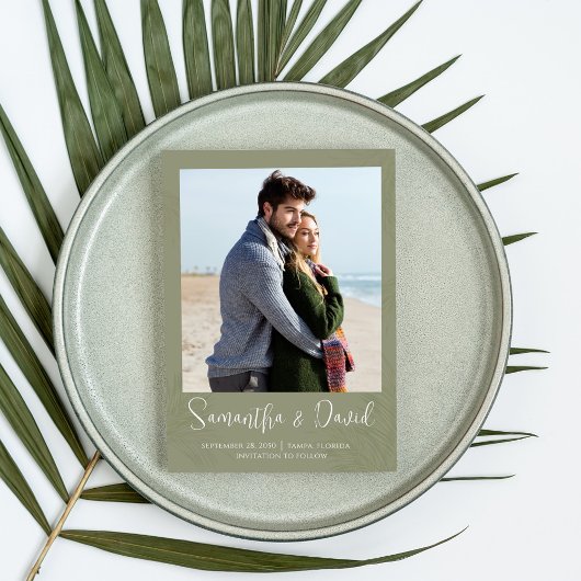 Sla de datum Bestemming Foto Elegante Palm Leave Save The Date