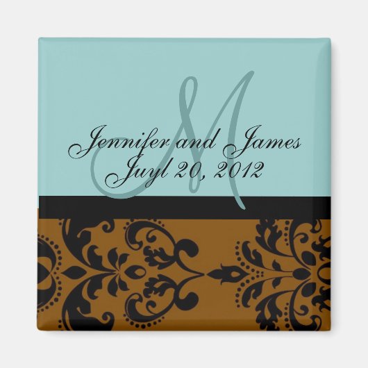 Sla de datum Blauw Bruin Damast Bruiloft Magneet (Voorkant)