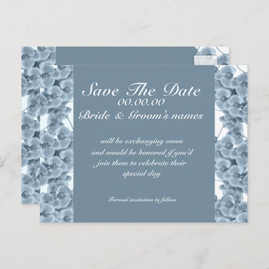 Sla de datum blauwe orchidee op - aanpasbare sjabl aankondigingskaart (Voorkant / Achterkant)