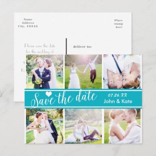 SLA DE DATUM Blauwgroen bruiloft 6 FOTO Briefkaart (Voorkant / Achterkant)