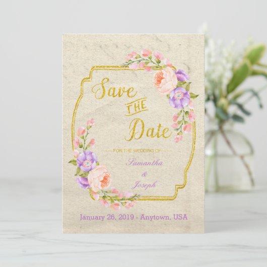 Sla de datum Bloemen en Goud op Perkament STD Save The Date (Staand voorkant)