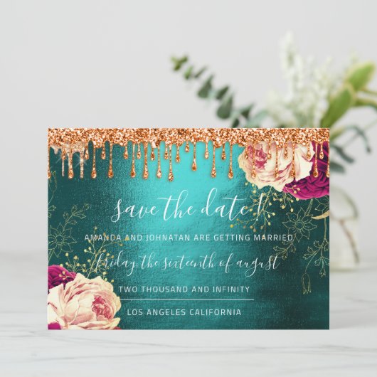 Sla de datum bloemen rozekrans oranje druppels save the date (Staand voorkant)