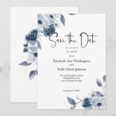 Sla de datum Blue Waterverf Florals op Kaart (Voorkant / Achterkant)