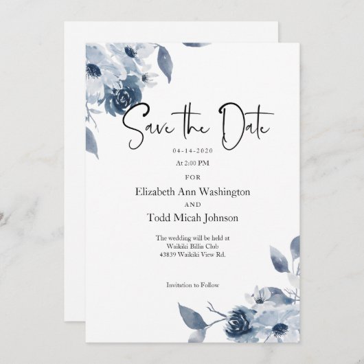 Sla de datum Blue Waterverf Florals op Kaart (Voorkant / Achterkant)