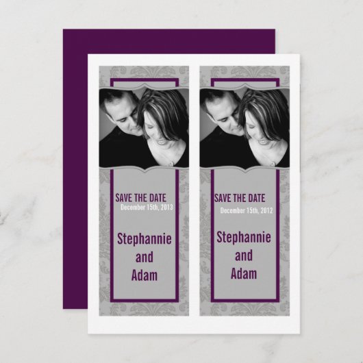 Sla de datum boek Mark Favors Modern Grijs Damast Aankondigingskaart (Voorkant / Achterkant)