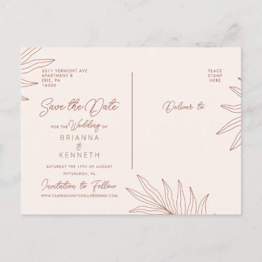 Sla de Datum Boho Arch Foto Terracotta Botanical o Briefkaart (Achterkant)