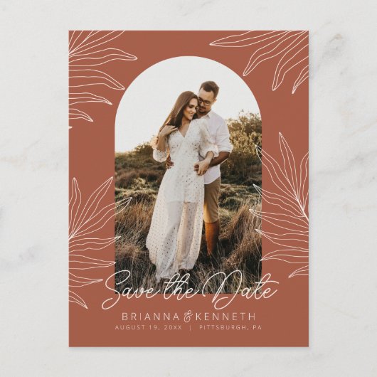 Sla de Datum Boho Arch Foto Terracotta Botanical o Briefkaart (Voorkant)