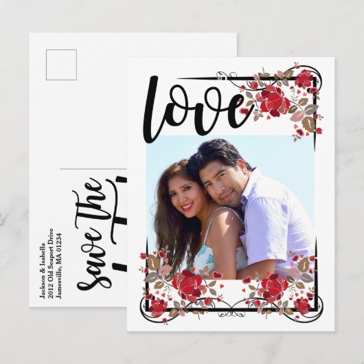 Sla de datum Boho Liefde en Rozen Foto Poscard Aankondigingskaart (Voorkant / Achterkant)