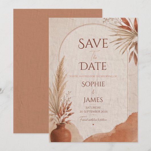 Sla de datum boho terracotta op save the date (Voorkant / Achterkant)