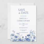 Sla de datum briefkaart, in blauwe tinten met bloe save the date (Voorkant)