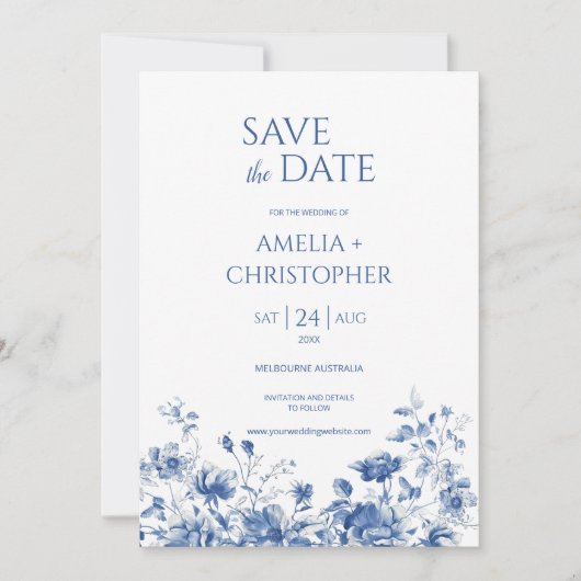 Sla de datum briefkaart, in blauwe tinten met bloe save the date (Voorkant)