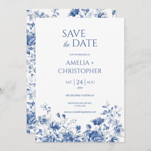 Sla de datum briefkaart, in blauwe tinten met bloe save the date (Voorkant / Achterkant)